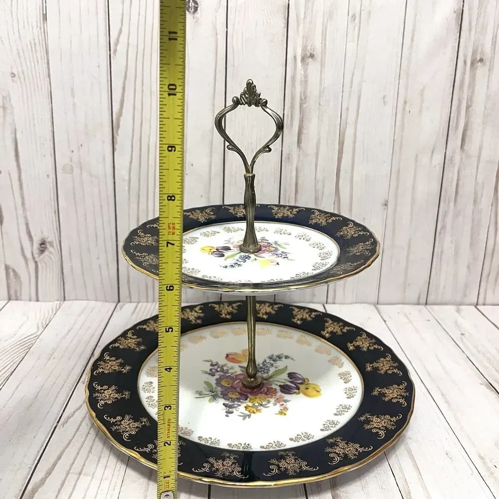 Vintage A-I Czech Republic Design 2 Tier Porcelain Serving Stand Cobalt Floral